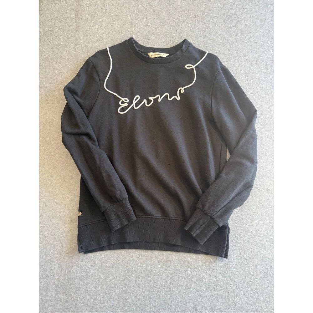 Eleven Paris black crewneck with a white rope embroidery detail